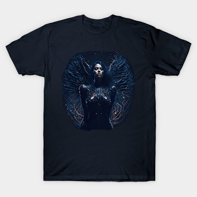 Awesome Portrait Of A Dark Angel Woman. Large Wings. Space Currents T-Shirt by funfun